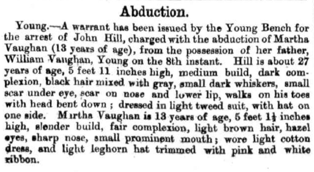 Article: 'Abduction', New South Wales Police Gazette and Weekly Record of Crime, 26 April 1882, Issue No. 17, p. 156.