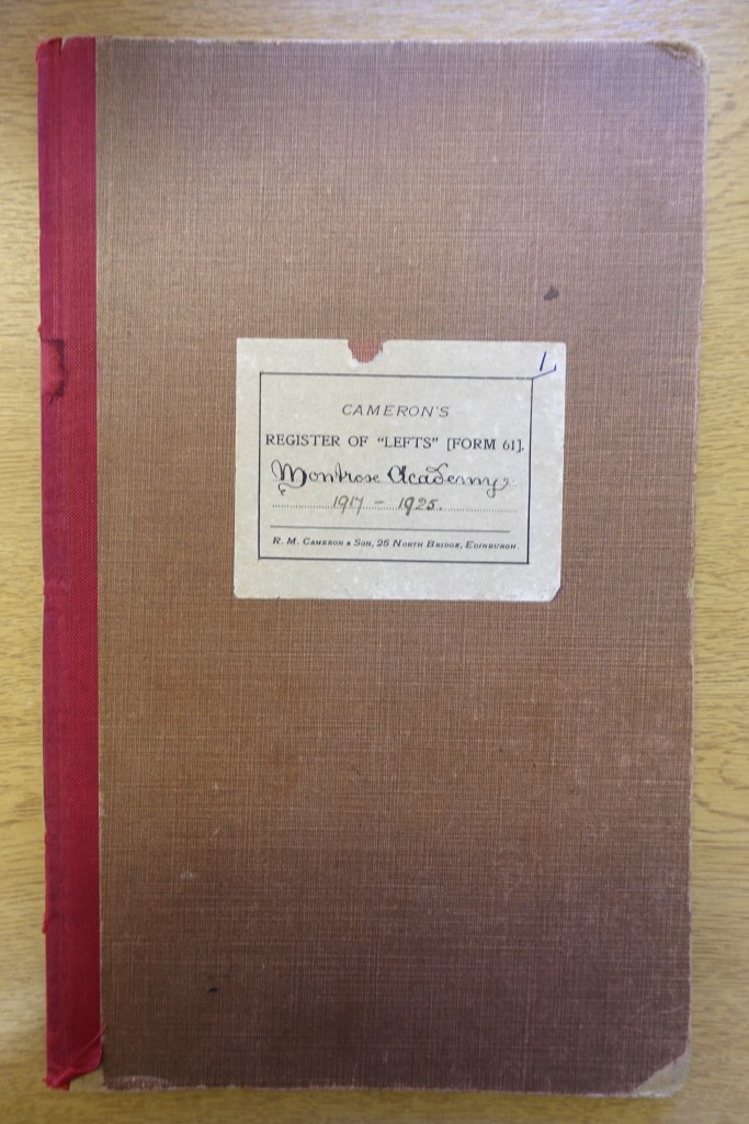 Photograph of the cover of Register of Lefts, 1917-1925, Montrose Academy, original held in private collection.