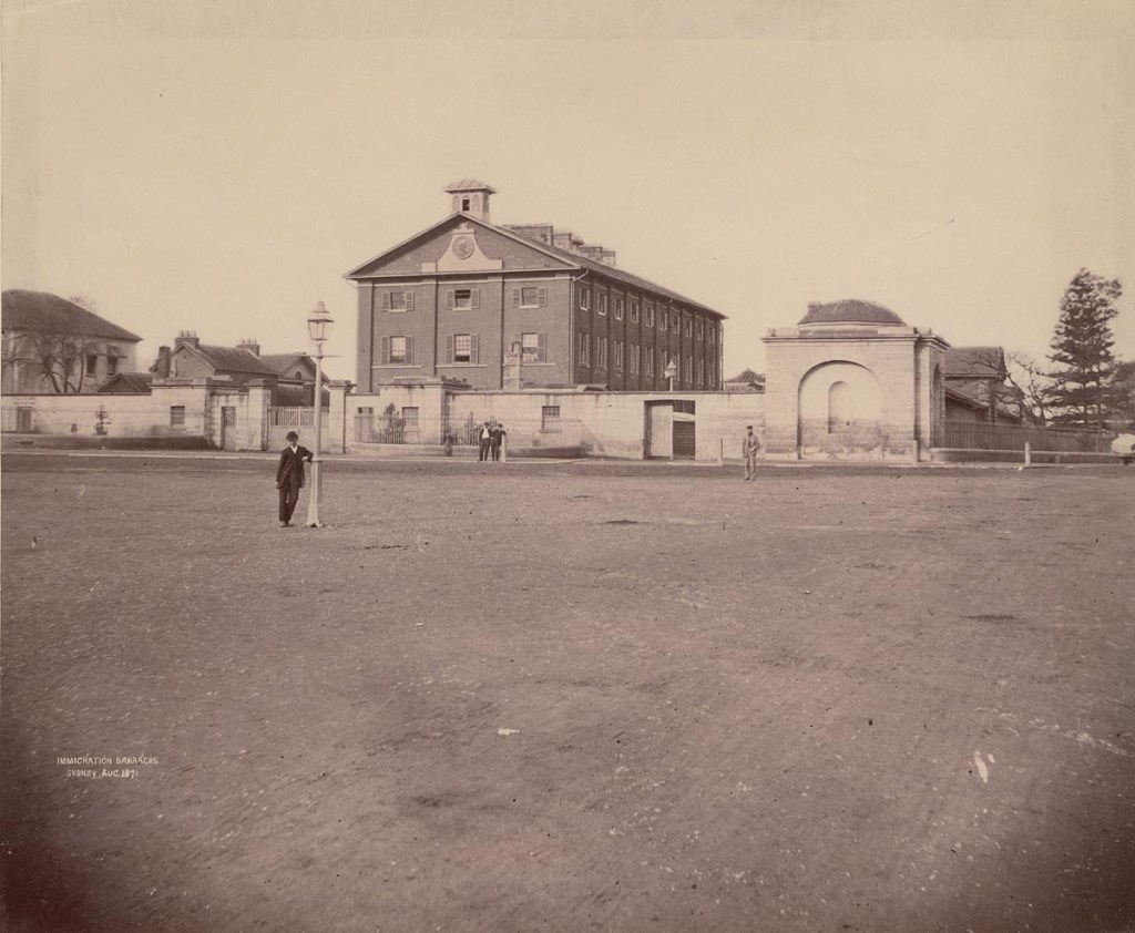 Photograph of the Immigration Barracks, Sydney, August 1871, from Photographs of Public and Other Buildings, &c photographed by Charles Pickering, 1872, Government Printing Office, New South Wales, out of copyright, digitised copy held by the State Library of New South Wales.
