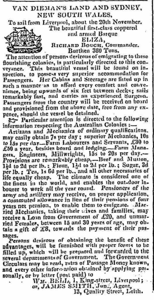 Advertisement for migrants: ‘Van Dieman’s Land and Sydney, New South Wales’, The Scotsman, 7 November 1832, p. 1.