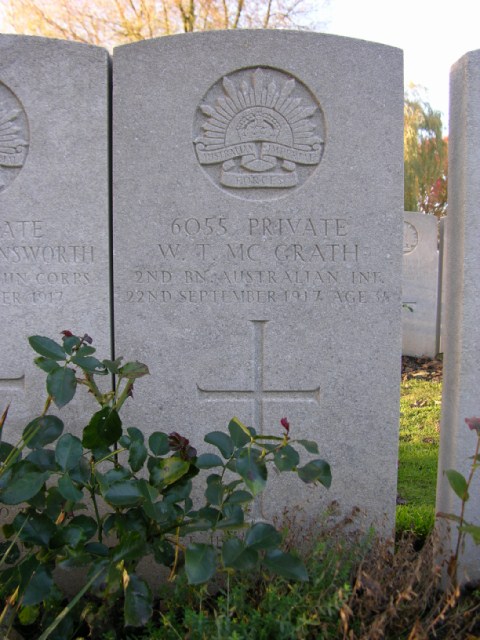 Gravestone of William McGrath, Lijssenthoek Military Cemetery, Flanders, Belgium.