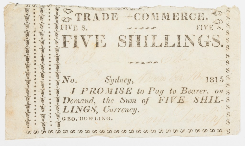 A promissory note issued and signed by George Dowling for five shillings in 1815.