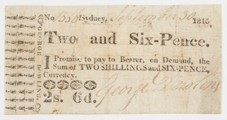 A promissory note issued and signed by George Dowling for two shillings and sixpence in 1815.