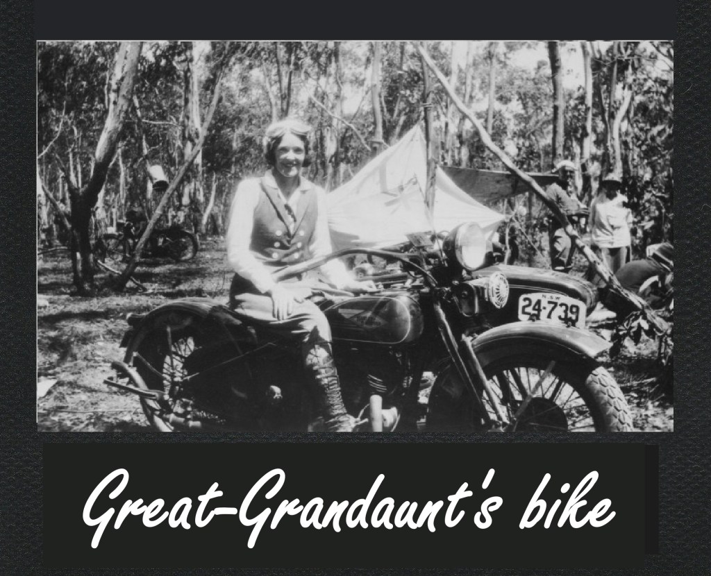 Photograph of a woman sitting on a Harley-Davidson motorcycle with a sidecar in the 1930s