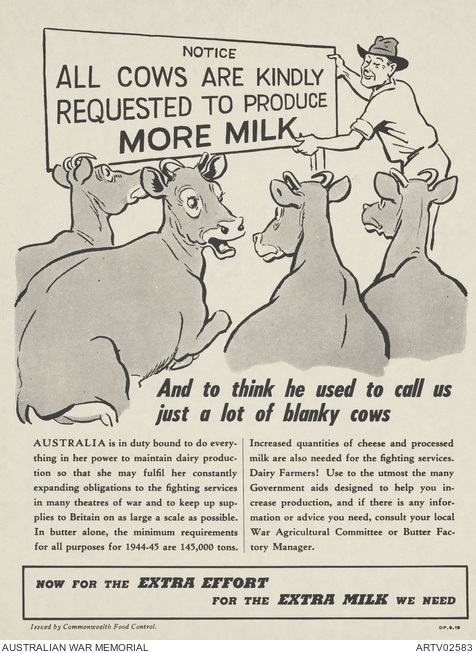 World War Two poster asking dairy farmers to produce more milk