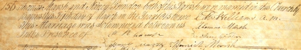 Image of an excerpt from the marriage banns of Thomas Marsh and Nancy Grindon in 1815