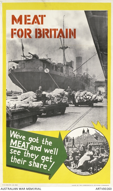 World War Two poster promoting Australian meat production and sharing with Britain