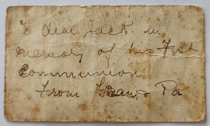 Photo of writing on the back of a holy card