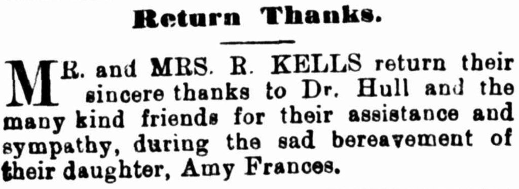 Notice of thanks from Amy Kells' father and step-mother, Shoalhaven Telegraph, 11 August 1909.