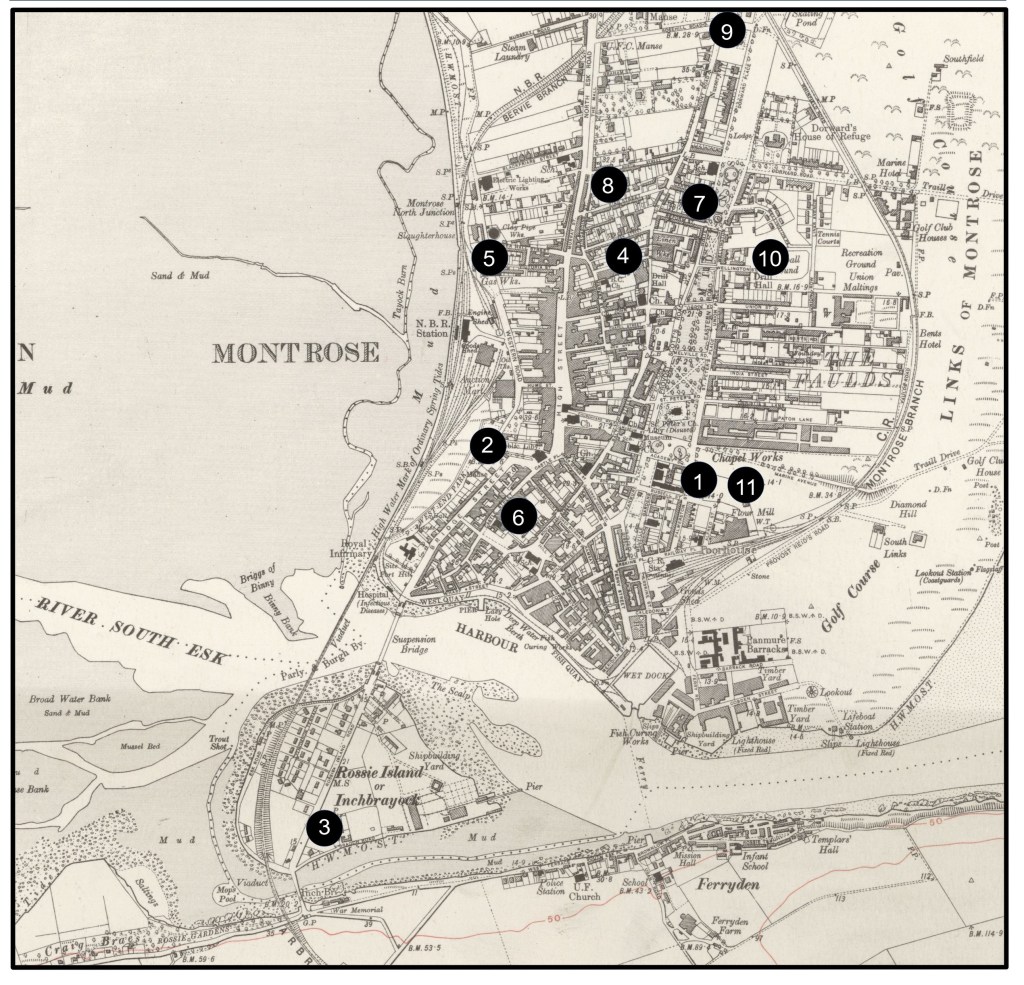 Original map of Montrose reproduced with the permission of the National Library of Scotland, Creative Commons By Attribution 4.0 International. Labelled with sites of family history significance.