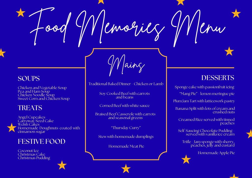Food memories menu listing soups, treats, festive food, main meals and desserts