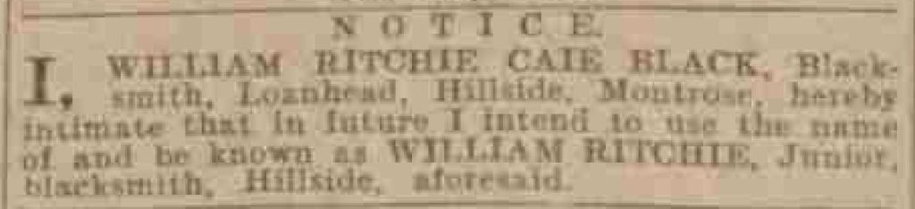 1923 newspaper notice of William Black's intention to change his name to William Ritchie junior
