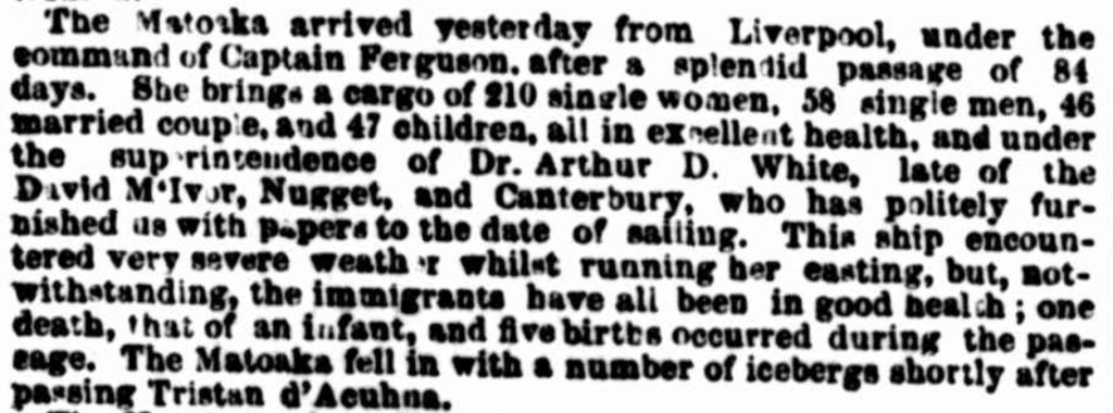 Description of the ship Matoaka's journey and arrival in Sydney in May 1855