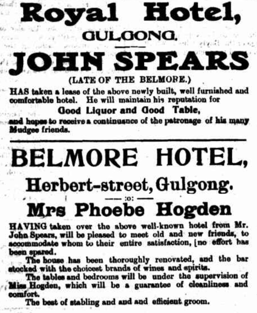 Advertisement for the Royal Hotel Gulgong and Belmore Hotel Gulgong from The Mudgee Guardian, 7 August 1905, p. 3