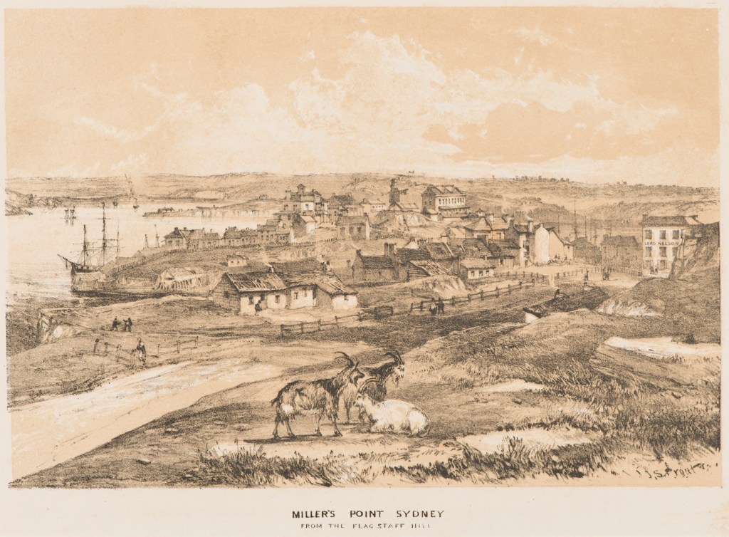 Lithograph print of Sydney Cove [a view, including the Tank Stream, Fort Macquarie and sailing ships], 1842, by John Skinner Prout