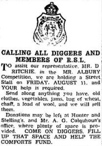 Advertisement for a World War Two fundraising sale for a competition called Mr Albury 