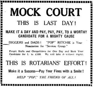 Advertisement for a World War Two mock court fundraising event for a competition called Mr Albury 