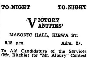 Advertisement for a World War Two fundraising dance for a competition called Mr Albury 
