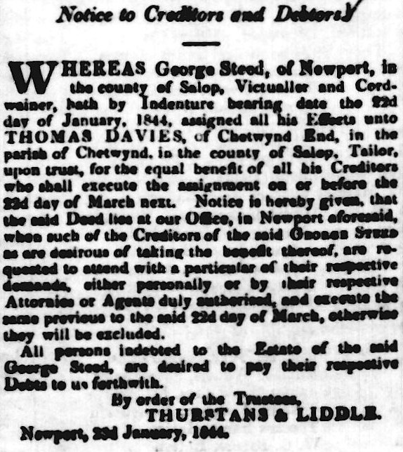 Newspaper article titled 'Notice to Creditors and Debtors' from the Shrewsbury Chronicle